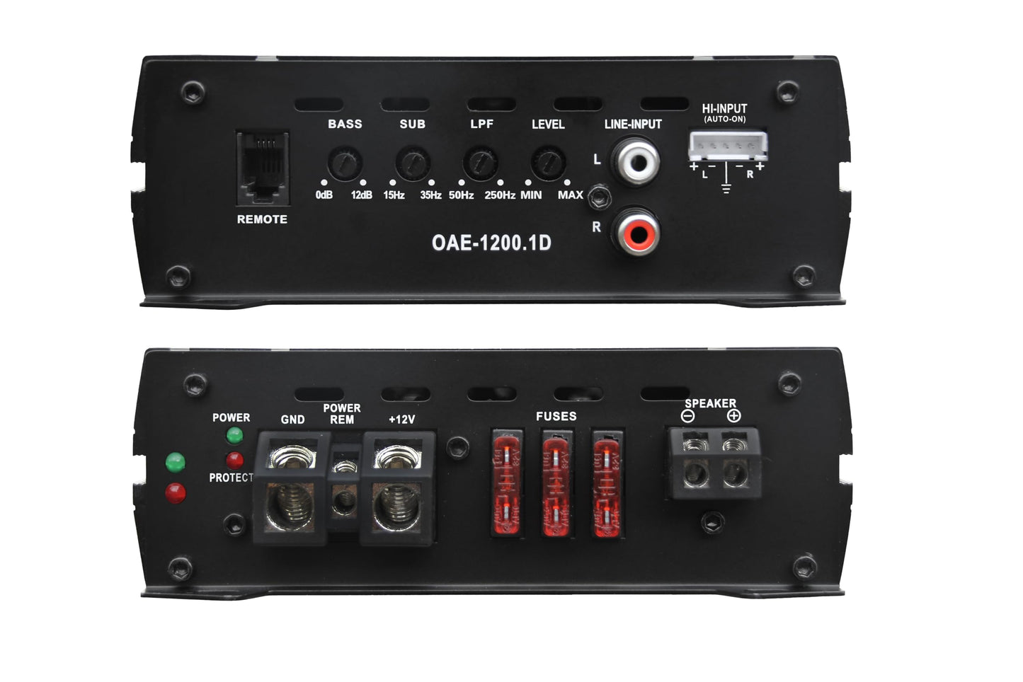 Amplificador Monobloque OceanAudio OAE-1200.1D 2400W con control remoto de subwoofer
