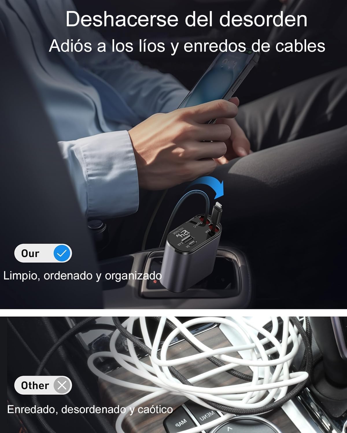 HSZSXJK Cargador para Auto, Cargador USB C 4 en 1 de 120 W, Cables retráctiles (80cm) y Adaptador de Cargador de Coche, Compatible con iPhone 15/14/13/12/11 Pro MAX, Galaxy