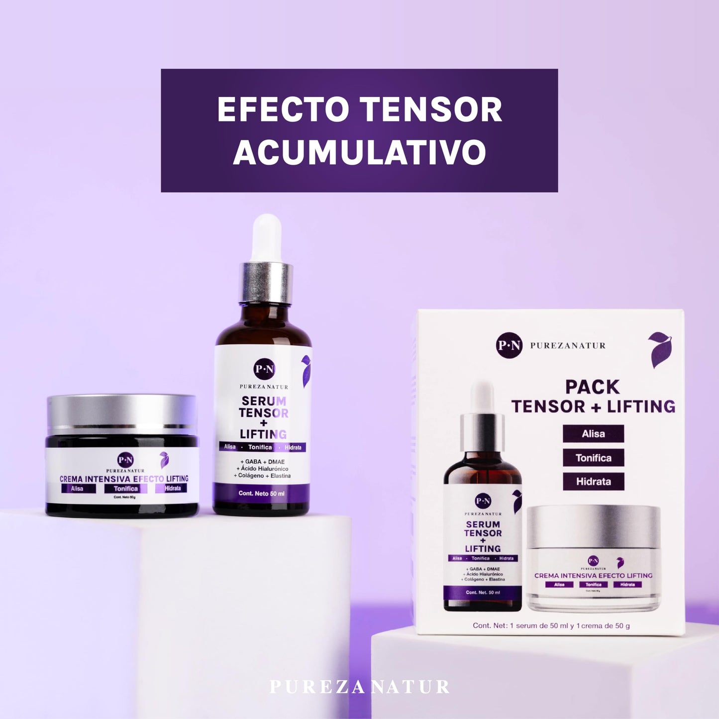 PUREZA NATUR Pack Tensor + Lifting serum tensor y crema lifting intensiva | Paquete completo de suero 50ml + crema 50g para el cuidado de la piel, hidratación y rejuvenecimiento (Pack Tensor Lifting)