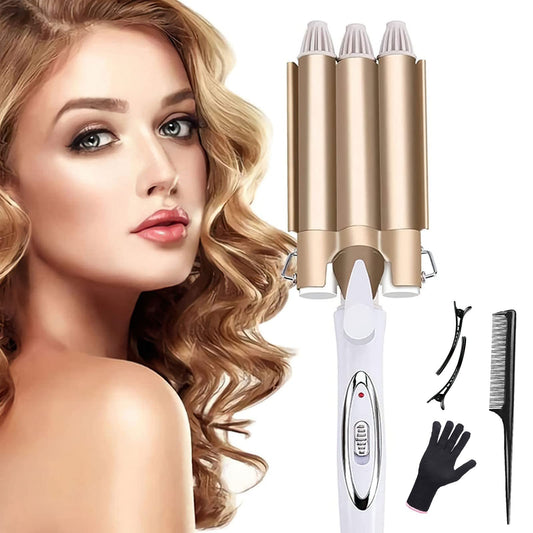 Rizador de Pelo,25mm Rizador De Cabello Ondas Cerámica 3 Barriles,Rizador para Cabello,Ondas Cerámica con Temperatura Ajustable, Calienta Rápidamente para Mujer en Casa y Viaje, Cabello Largo o Corto Herramientas de Peinado,Oro