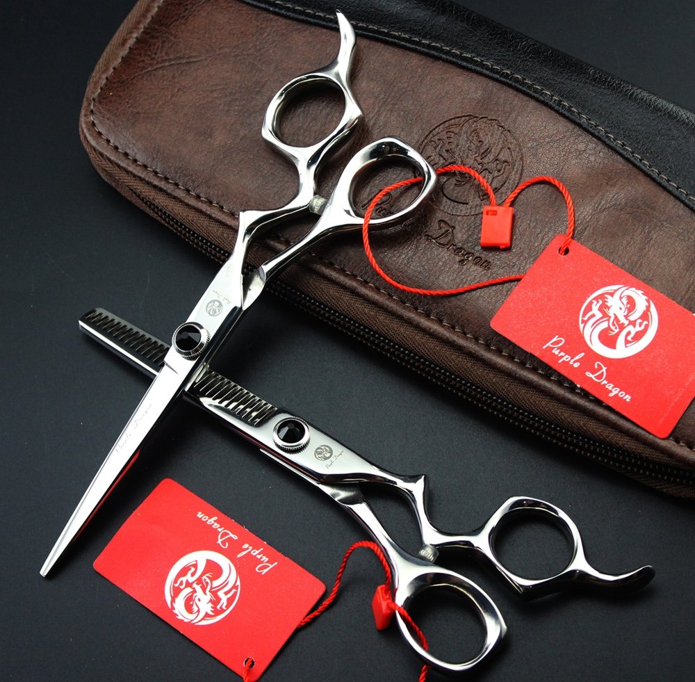 Purple Dragon Tijeras de Corte de Cabello 6.0 Pulgadas Acero Inoxidable Japonés 440C Filo Afilado Color Plata con Bolsa - Perfectas para Barbero, Salón y Peluquero