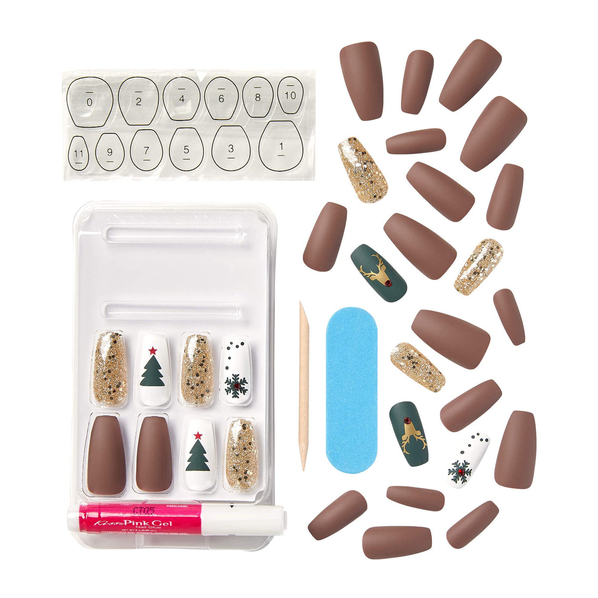 Edición limitada de uñas postizas navideñas de diseño especial, estilo 'suéter abultado', ataúd largo multicolor, con 24 pestañas adhesivas, pegamento para uñas, lima pequeña, palito de manicura y 28