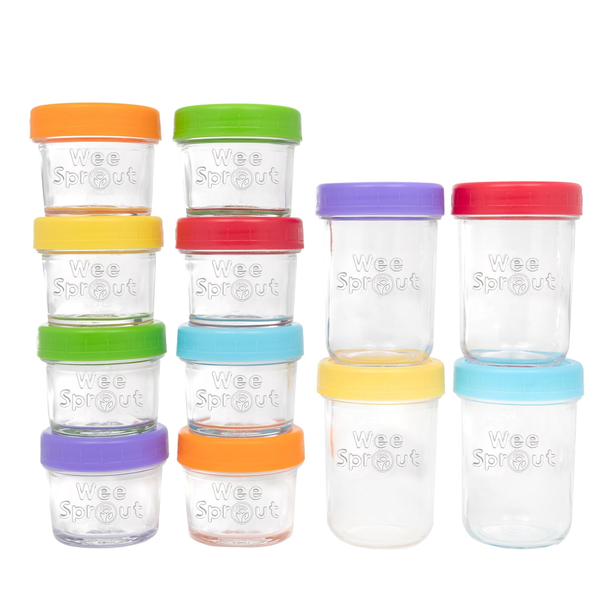 WeeSprout Tarros de almacenamiento de comida para bebé de vidrio - Juego de 12, tarros de comida para bebé de 4 oz/8 oz, tapas de plástico, almacenamiento en congelador, contenedores de vidrio