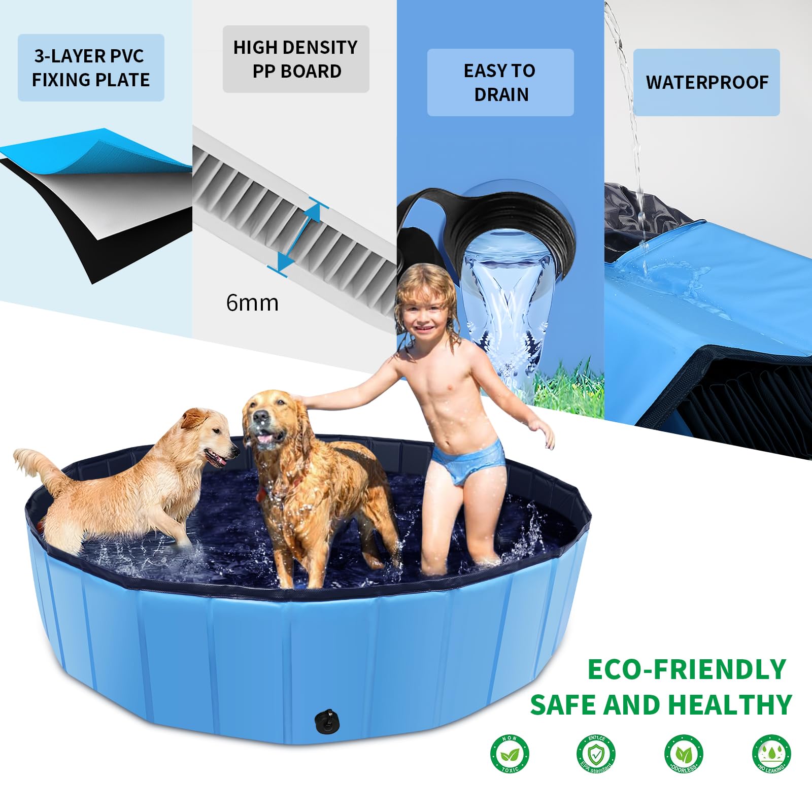 CACSPS - Piscina plegable para perros, infantil de 39 x 12 pulgadas, azul, resistente y duradera, antideslizante, para niños y mascotas, rectangular
