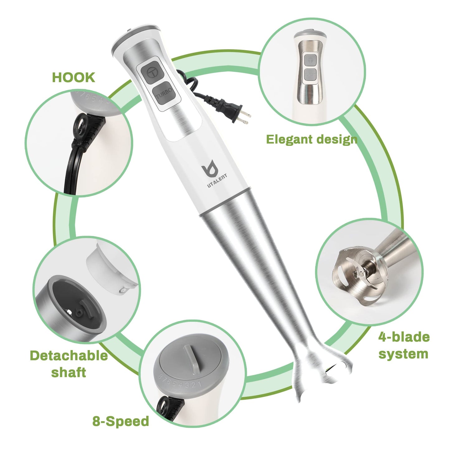 Immersion Hand Blender, Utalent 3-in-1 8-Speed Stick Blender with Milk Frother, Egg Whisk for Smoothies, Coffee Milk Foam, Puree Baby Food, Sauces and Soups - White
