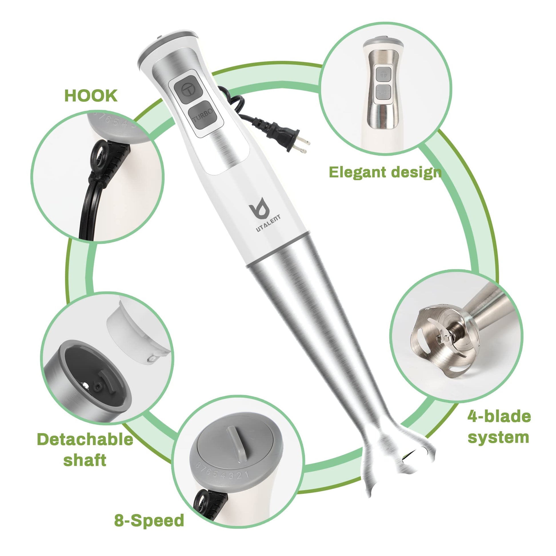 Immersion Hand Blender, Utalent 3-in-1 8-Speed Stick Blender with Milk Frother, Egg Whisk for Smoothies, Coffee Milk Foam, Puree Baby Food, Sauces and Soups - White