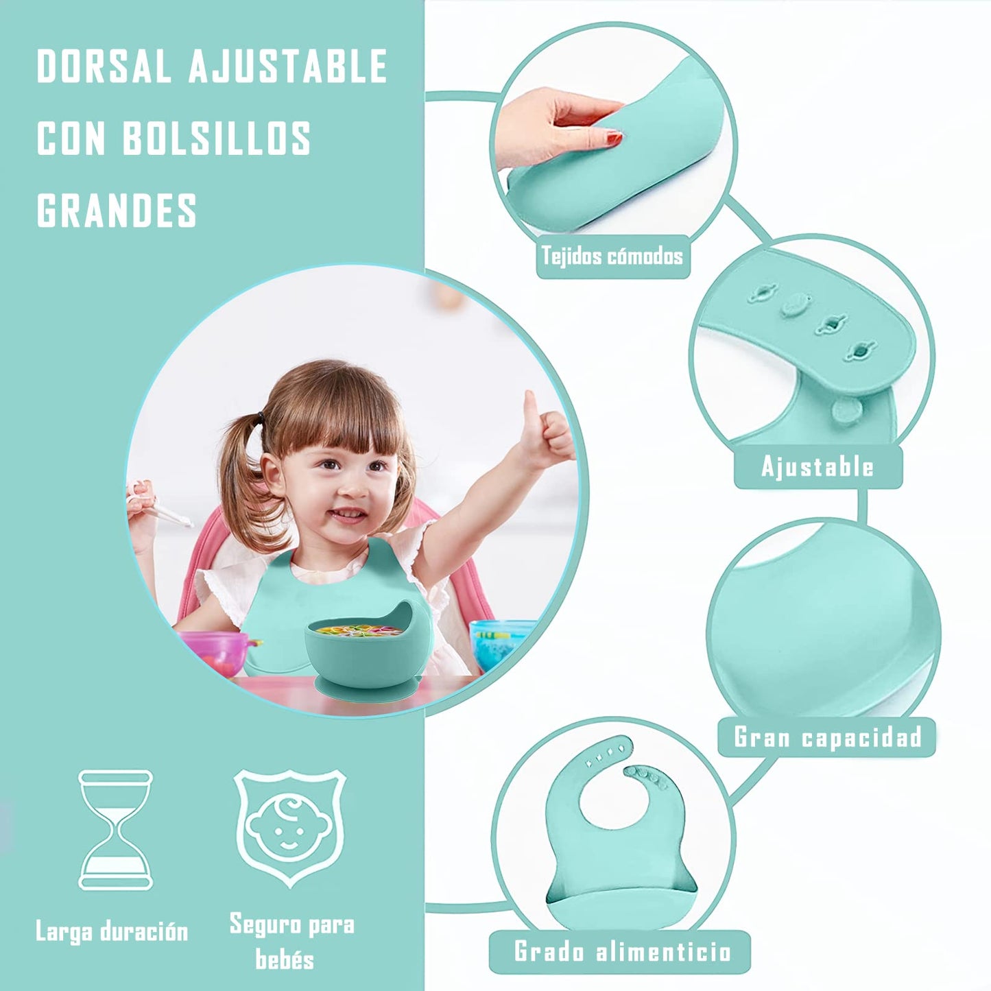 Set de Platos de Silicón para Bebé Verde Antivuelco Sin BPA