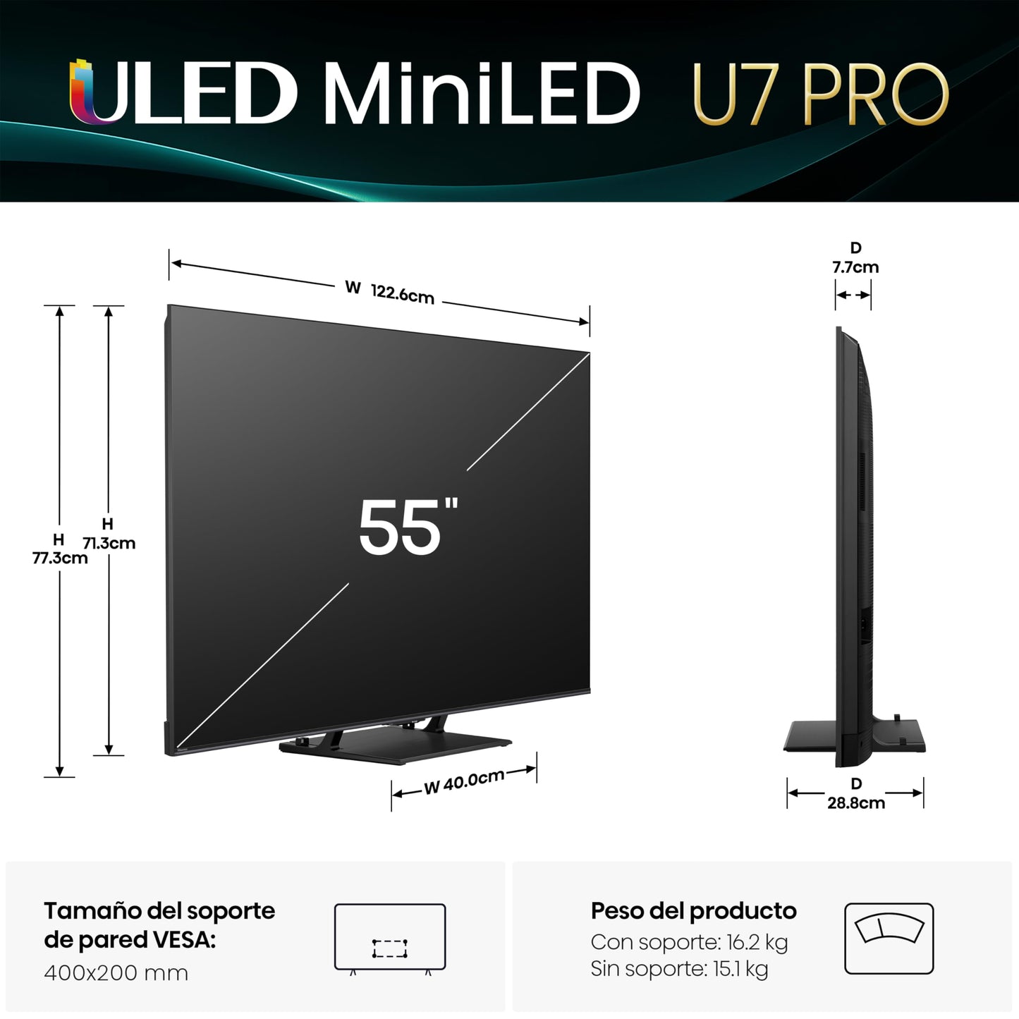 Hisense Television U7QG Pro(Modelo 2025) Pantalla 55 Pulgadas,Mini-LED Pro Smart Google TV UHD 4K,Control Remoto por Voz con Alexa,Modo de Juego Ultra de 165 Hz,Hi-View AI Engine Pro