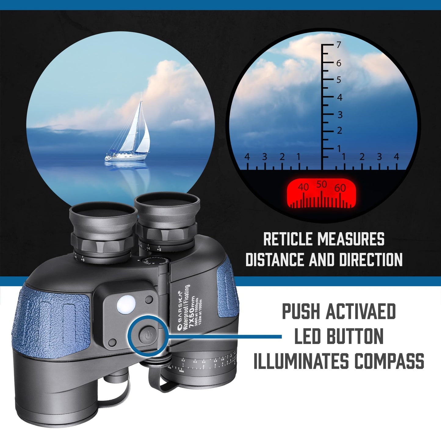 Barska AB10798 Deep Sea 7x50 Waterproof Floating Binocular with Internal Rangefinder & Compass