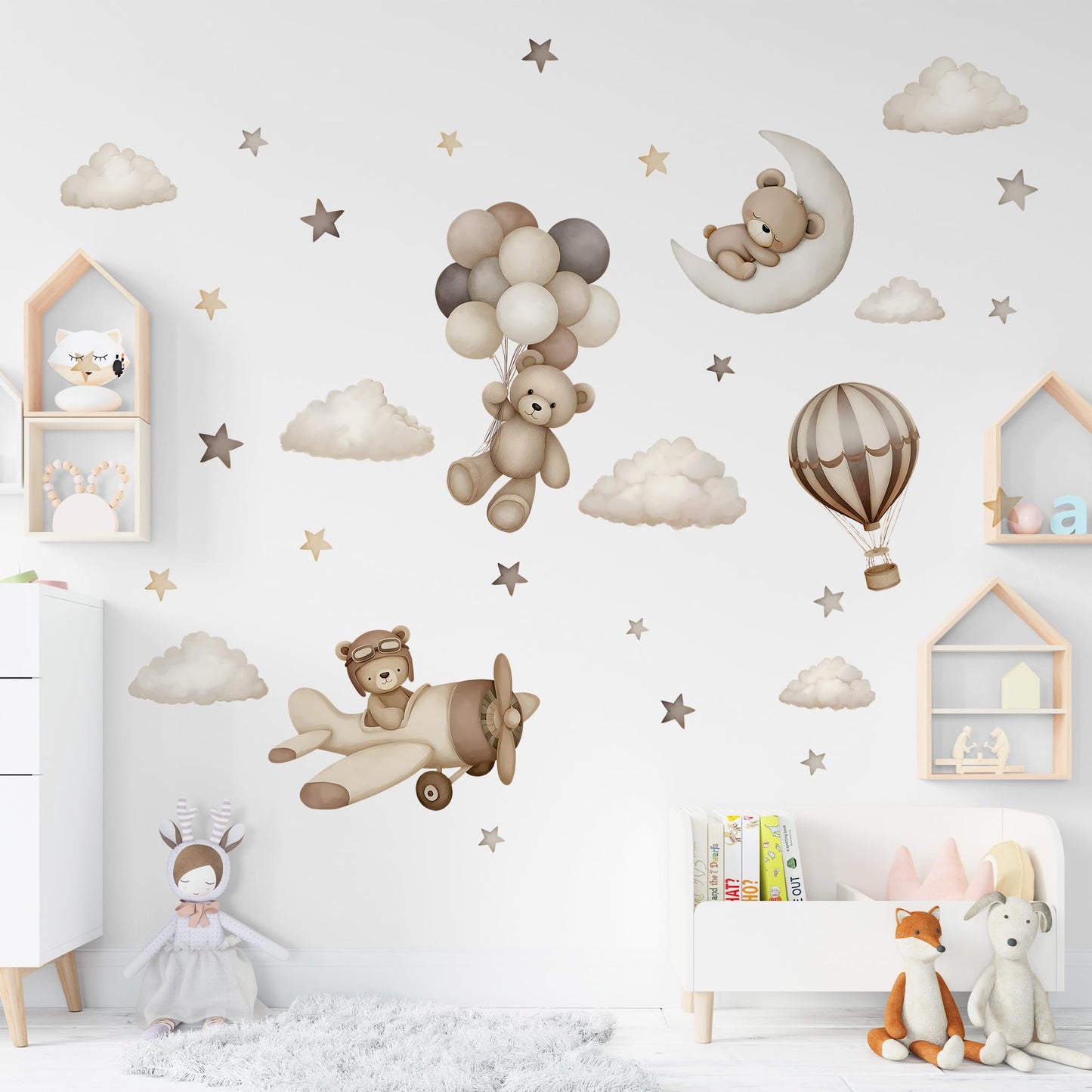Calcomanías de pared de oso de peluche, diseño de oso de dibujos animados, globos de aire, estrella, luna, decoración de pared para habitación de niños, niñas y niños, habitación de bebé, decoración