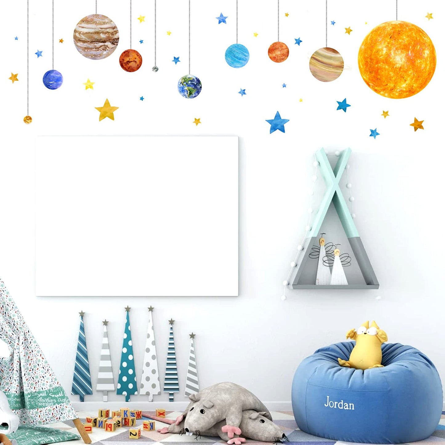 Calcomanías de pared con sistema solar extraíble, decoración de pared con estrellas de dibujos animados, decoración de pared de universo de despegar y pegar, papel pintado de vinilo para niños y niños