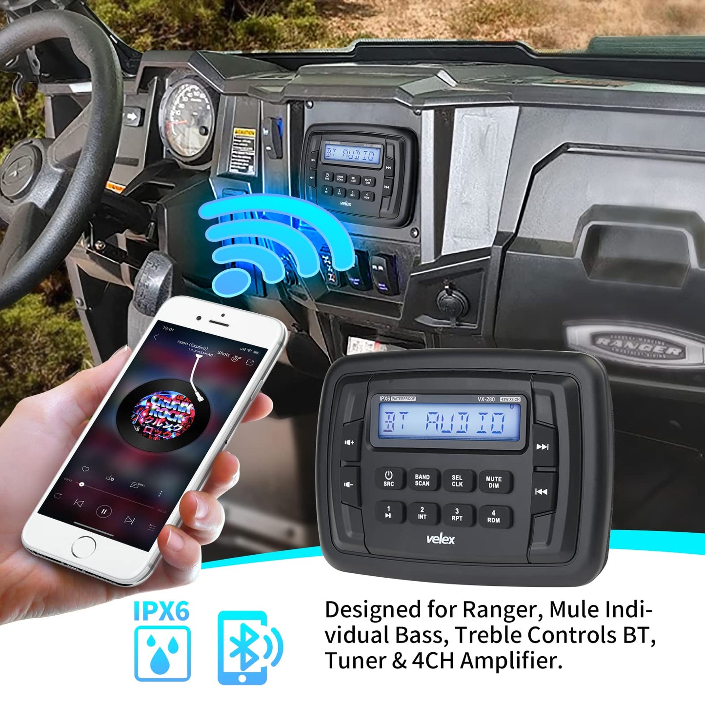 Radio Estéreo Velex Powersport Marine Bluetooth Blanco con Sintonizador AM FM para UTV ATV