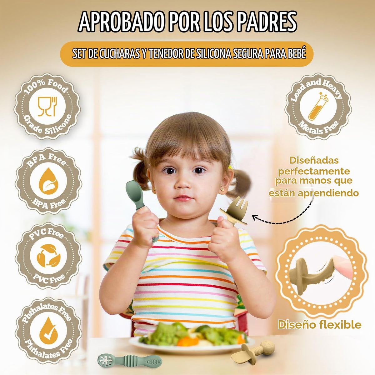 HippoBaby - Cucharas de silicona para bebé, 4 piezas, utensilios autoalimentables para bebé, 6 a 12 meses, 3 cucharas para bebé, 1 tenedor para bebé, juego de cubiertos para niños pequeños, sin BPA