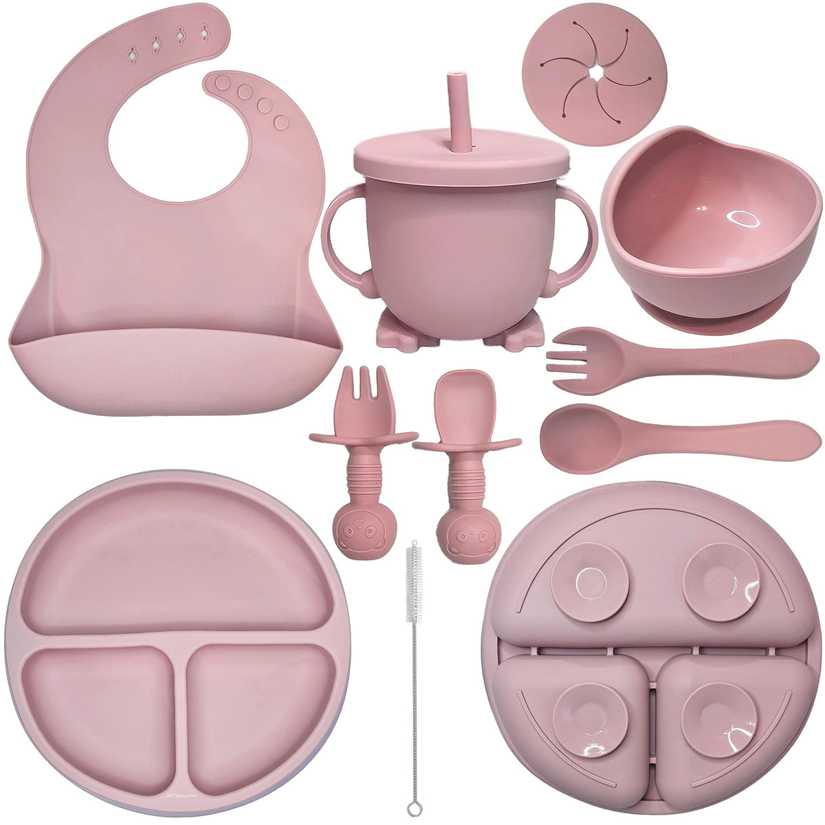 HippoBaby Baby Led Weaning Supplies | 10 Piece Silicone Feeding Set | Baby Toddler Bib Cup Divided Plate and Bowl Self Feeding Spoons Dish Set | Baby Utensils | Toddler Feeding Supplies (Light Pink)