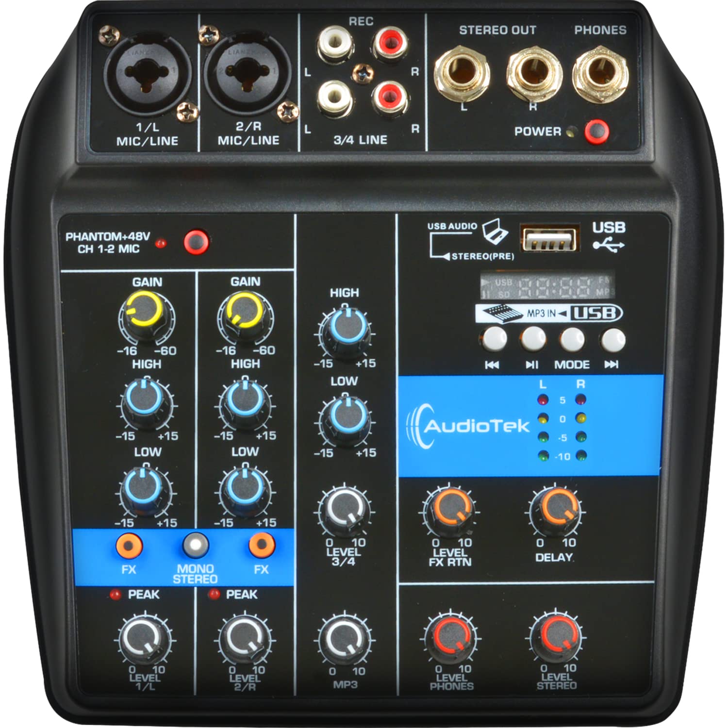 AUDIOTEK Mezcladora de Sonido 4 Canales Control de Efectos Mixer USB Interfaz Bluetooth DJ Potencia de 10 W Conexion Audifonos Phantom Power Consola de Audio Mezcladoras Reproductor y Grabador MP3