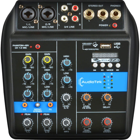 AUDIOTEK Mezcladora de Sonido 4 Canales Control de Efectos Mixer USB Interfaz Bluetooth DJ Potencia de 10 W Conexion Audifonos Phantom Power Consola de Audio Mezcladoras Reproductor y Grabador MP3