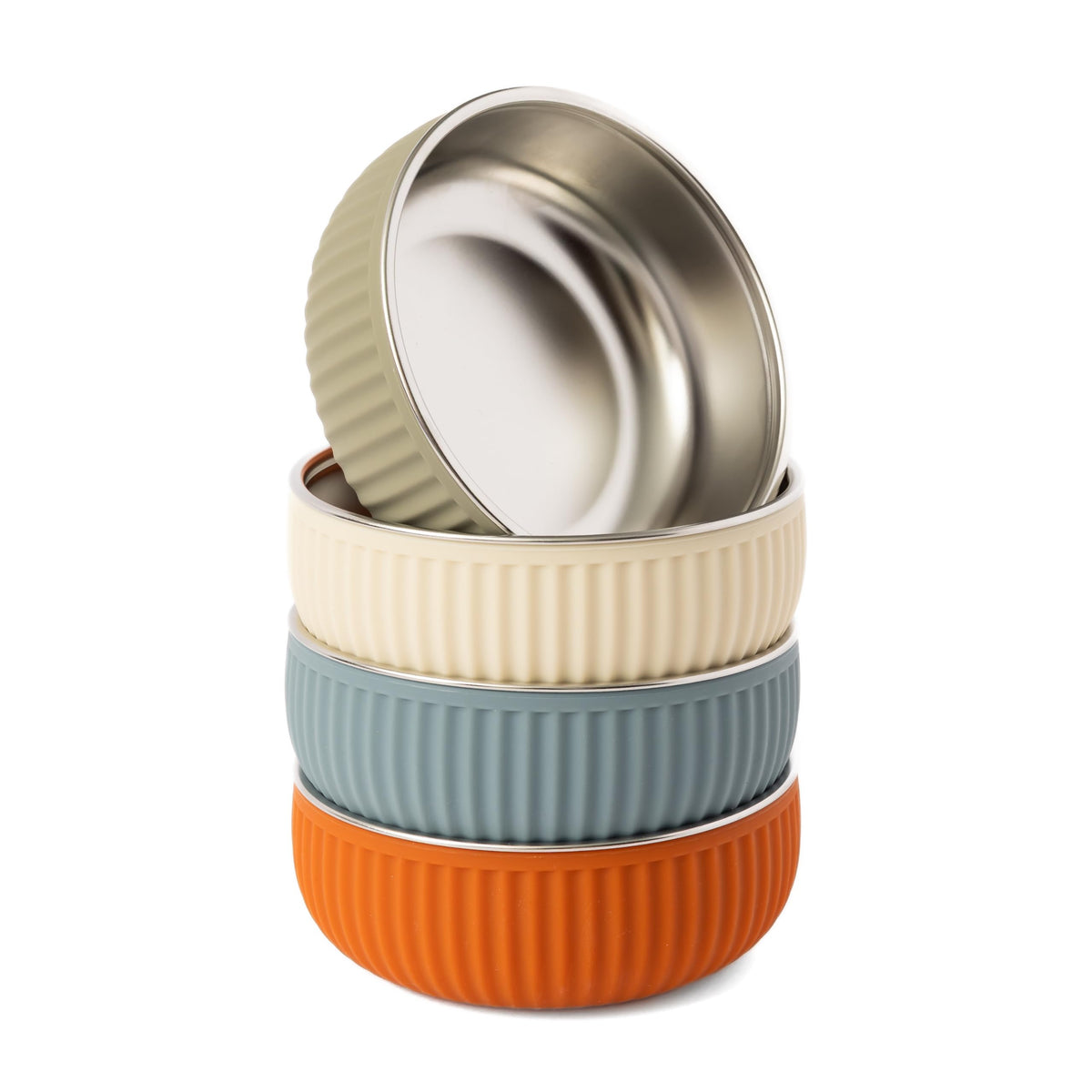 Monkey Proof - tazón para niños de acero inoxidable no tóxico de 5 pulgadas con carcasa de silicona acanalada antideslizante, (juego de 4 tazones) irrompible, sin desorden para bebés, niños pequeños