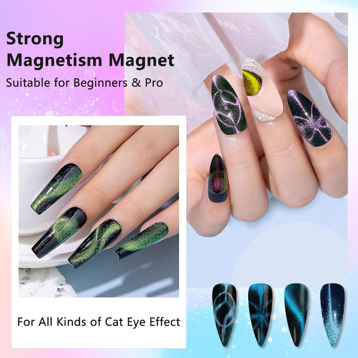 Herramienta de imán para uñas 3 en 1, bolígrafos magnéticos para uñas mejorados, imán multifunción 3D para esmalte de uñas en gel con efecto ojo de gato, para salón, estudio o hogar