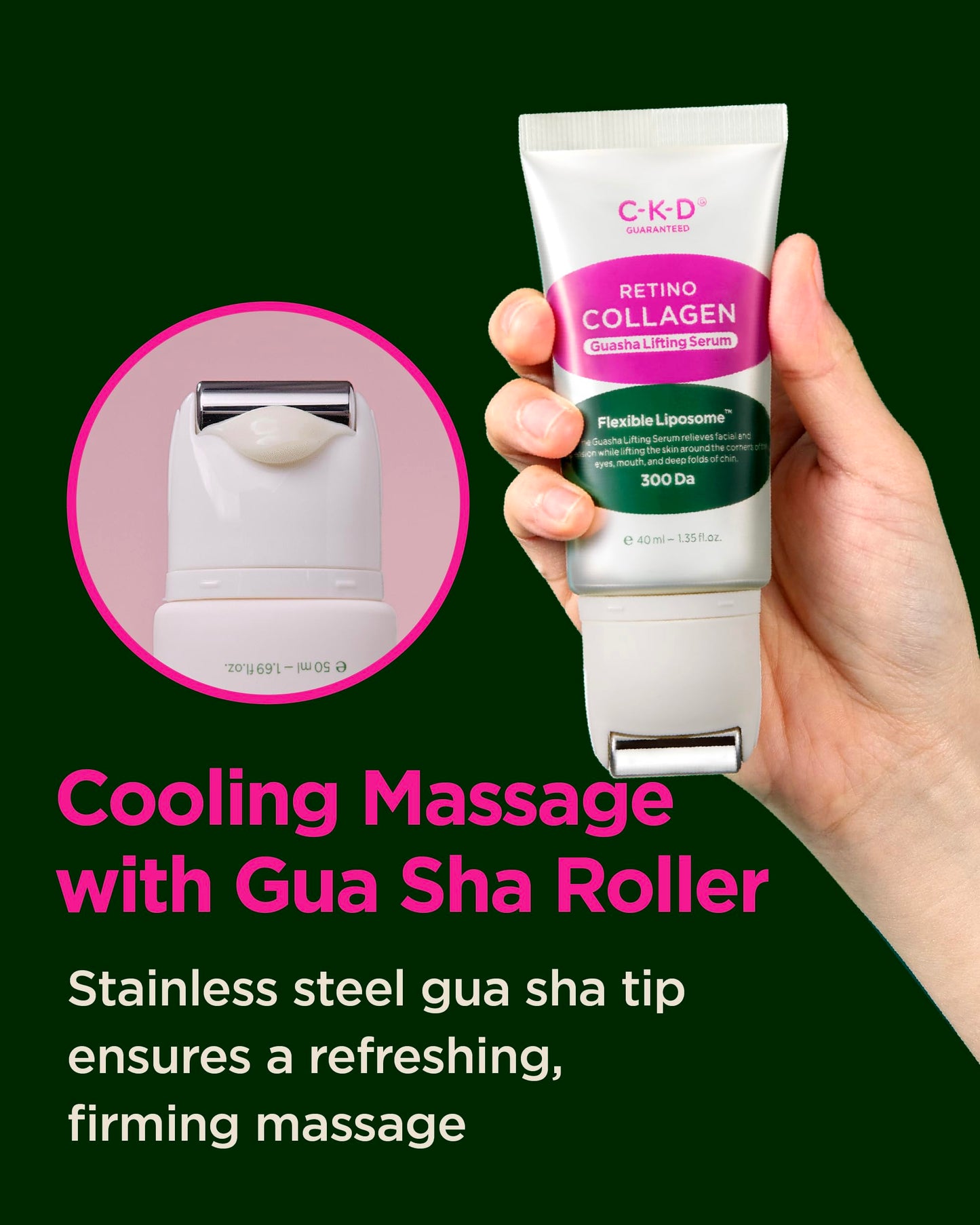 Suero facial CKD Gua Sha con colágeno retinol para reafirmar, tensar, hidratar y combatir el envejecimiento. Rodillo de acero inoxidable. Cuidado de la piel coreano. 1,35 fl oz