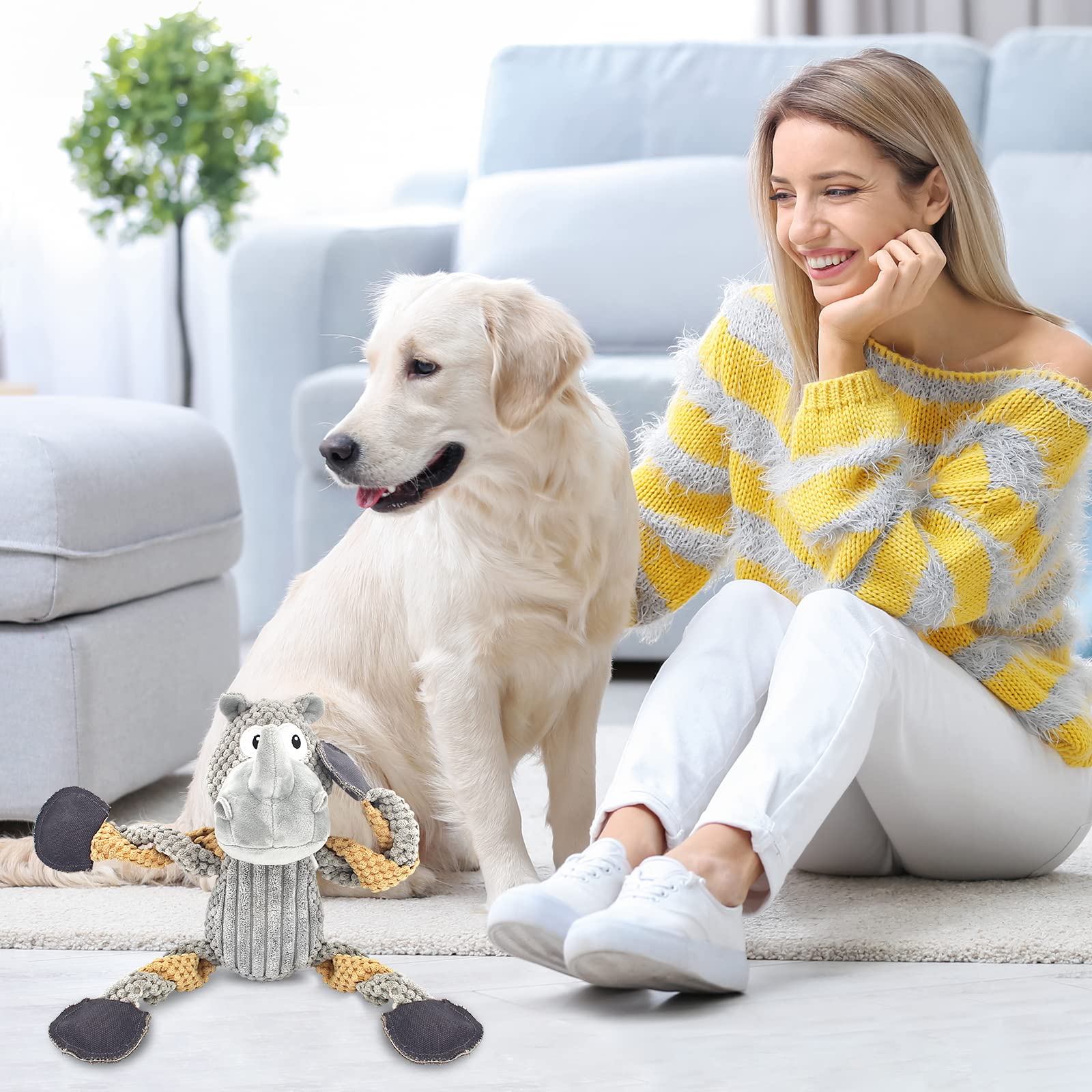 Juguetes chirriantes para perros, juguetes de peluche para perros, juguetes de peluche interactivos duraderos para perros de peluche para cachorros, pequeños, medianos y grandes, para reducir el aburrimiento agresivo (gris)