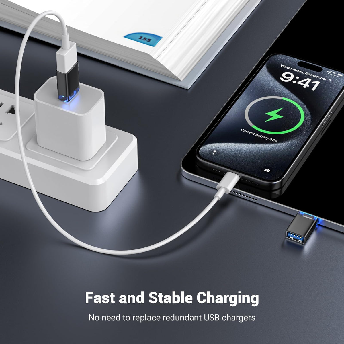 Adaptador USB a USB-C Fidioto Negro con Luz para Diversos Dispositivos Tipo C