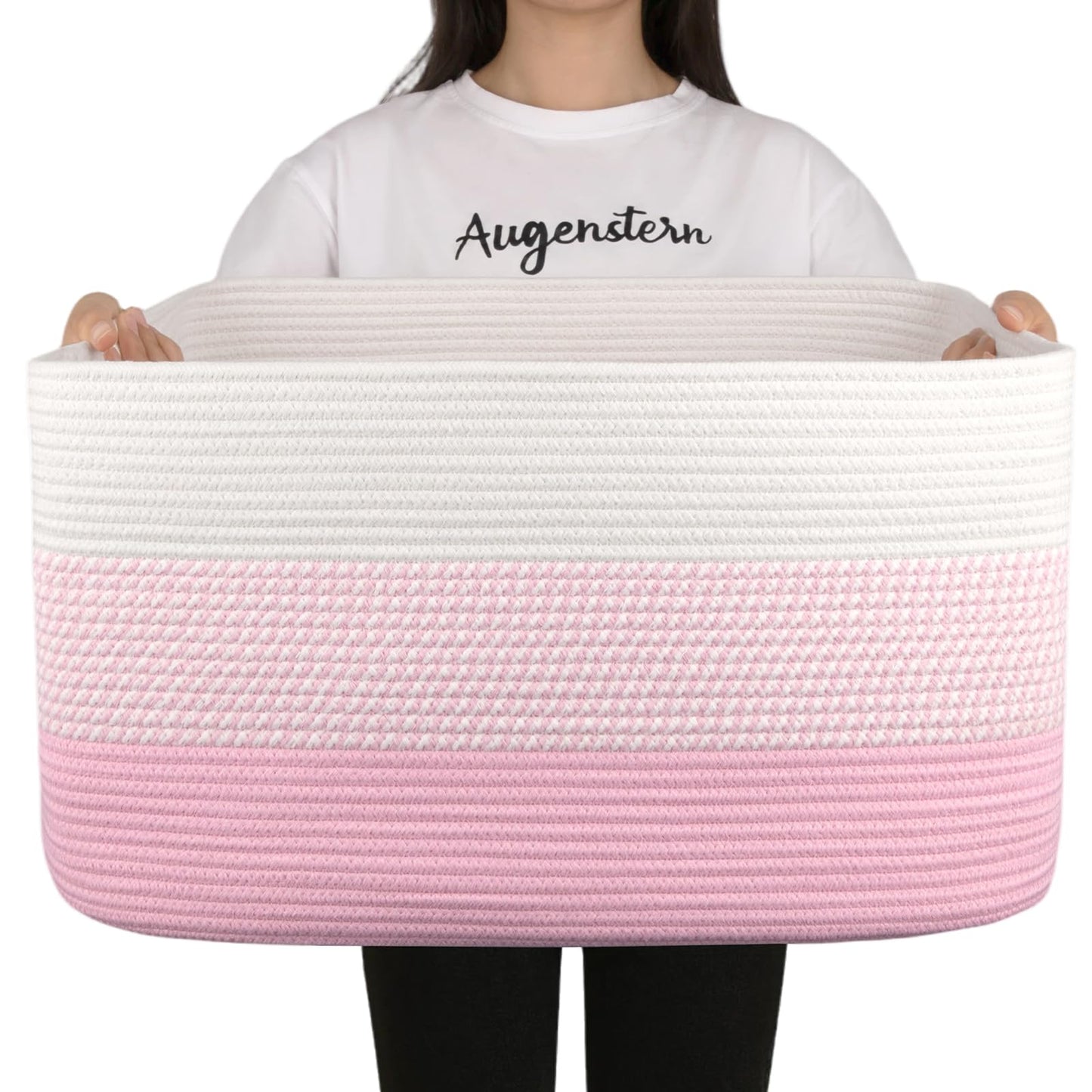 OIAHOMY - Cesta de Manta Grande, 22 X 17 X 12 Pulgadas, Cestas Tejidas Rectangulares para Guardería, Sala de Estar, Almacenamiento de Juguetes con Asa, Cestas Grandes para Organizar, Color Rosa/blanco