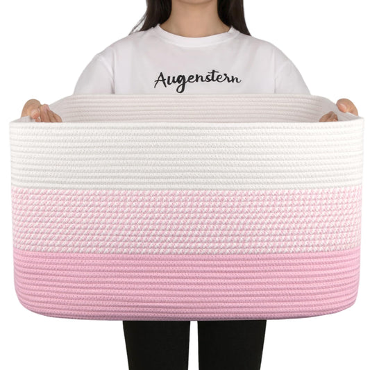 OIAHOMY - Cesta de Manta Grande, 22 X 17 X 12 Pulgadas, Cestas Tejidas Rectangulares para Guardería, Sala de Estar, Almacenamiento de Juguetes con Asa, Cestas Grandes para Organizar, Color Rosa/blanco