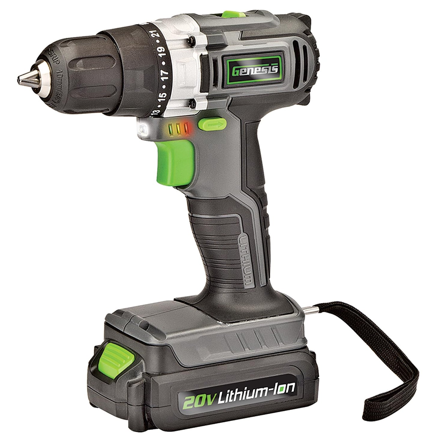 Genesis GLCD2038A - Taladro de velocidad variable inalámbrico con batería de iones de litio de 20 V con portabrocas de 3/8 pulgadas, luz de trabajo LED integrada, batería de 20 V, cargador y broca de destornillador de doble punta, gris/negro/verde