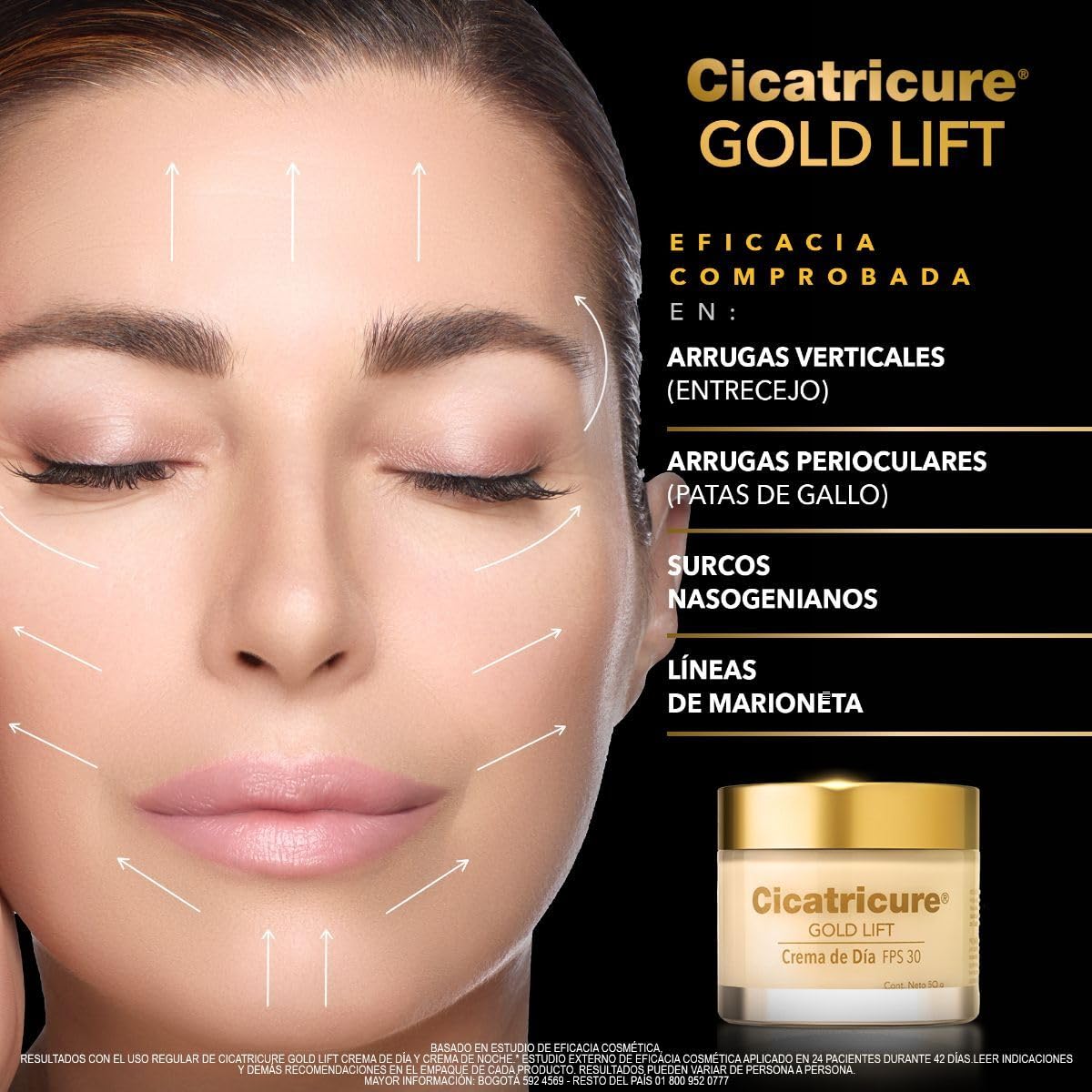 CICATRICURE - GOLD LIFT Crema de Día. Reduce arrugas gravitacionales, mejora la elasticidad y producción de colágeno, con calcio, silicio, FPS 30 y péptidos con oro, tarro con 50g