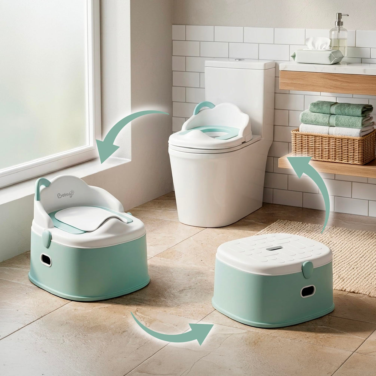 BEBBLY Bañito Entrenador Infantil 3 en 1, Bacinica, Asiento Reductor y Banco con Almacenamiento Antiderrapante para Niños de 6 Meses a 3 Años, Fácil de Limpiar, para Aprender a ir al Baño (Verde)