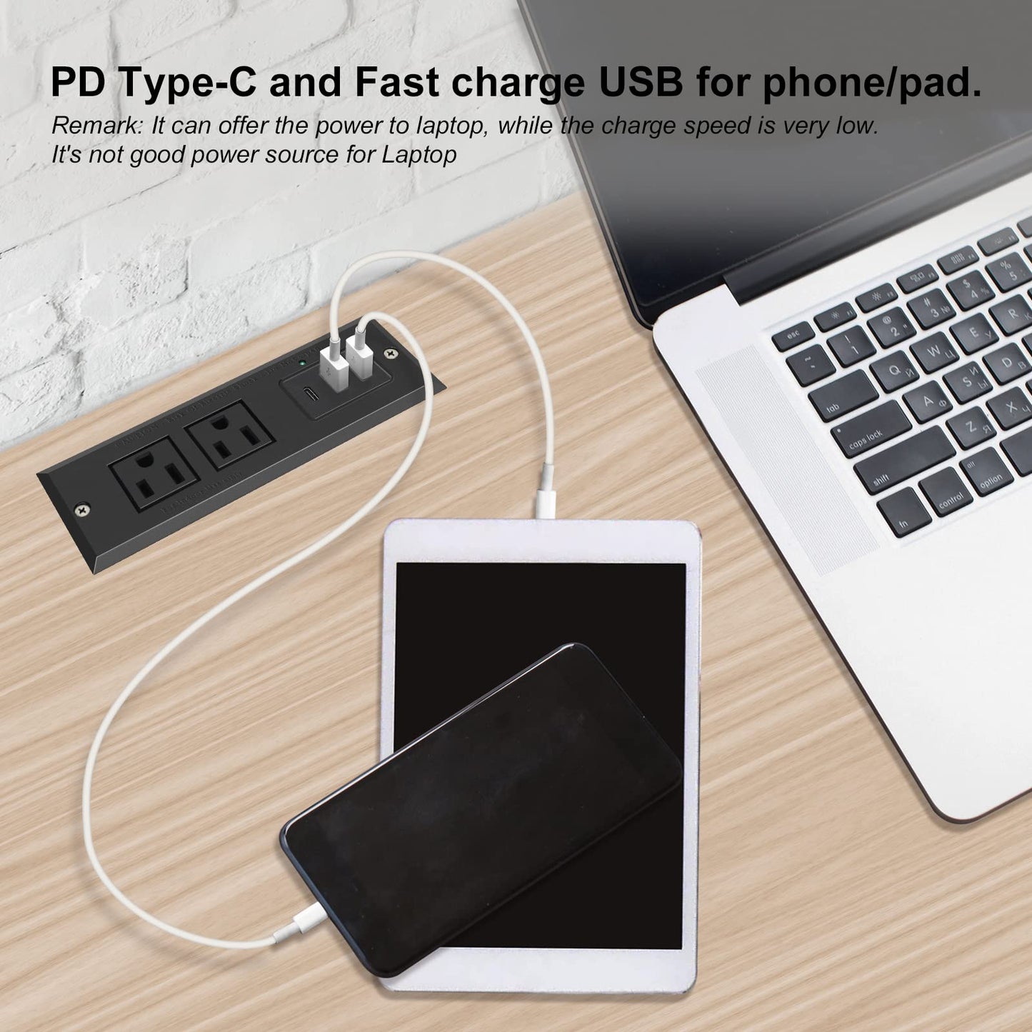 4 LEAF Regleta Multicontacto Escritorio USB C 20W PD Carga Rápida, Tira de Alimentación Empotrable Tipo C 2 Contactos 3 USB Muebles Outlet para Mesa Sofá Console Cajon Encimera 2 Metros Negro