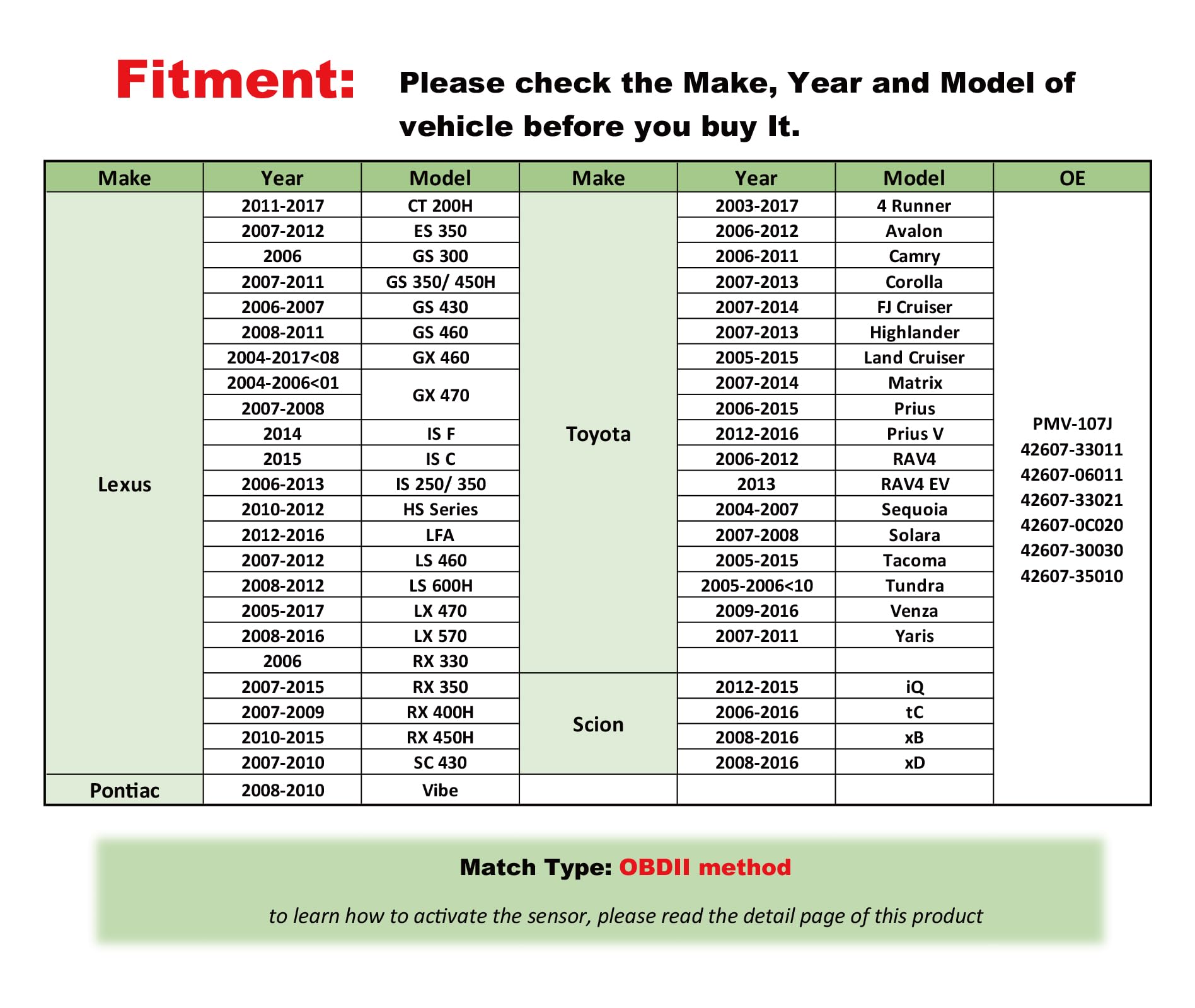 Sensor TPMS Marsflex compatible con Toyota Lexus Scion Pontiac para Camry Prius Corolla rav4 Yaris reemplazo 42607-33011 PMV-107J