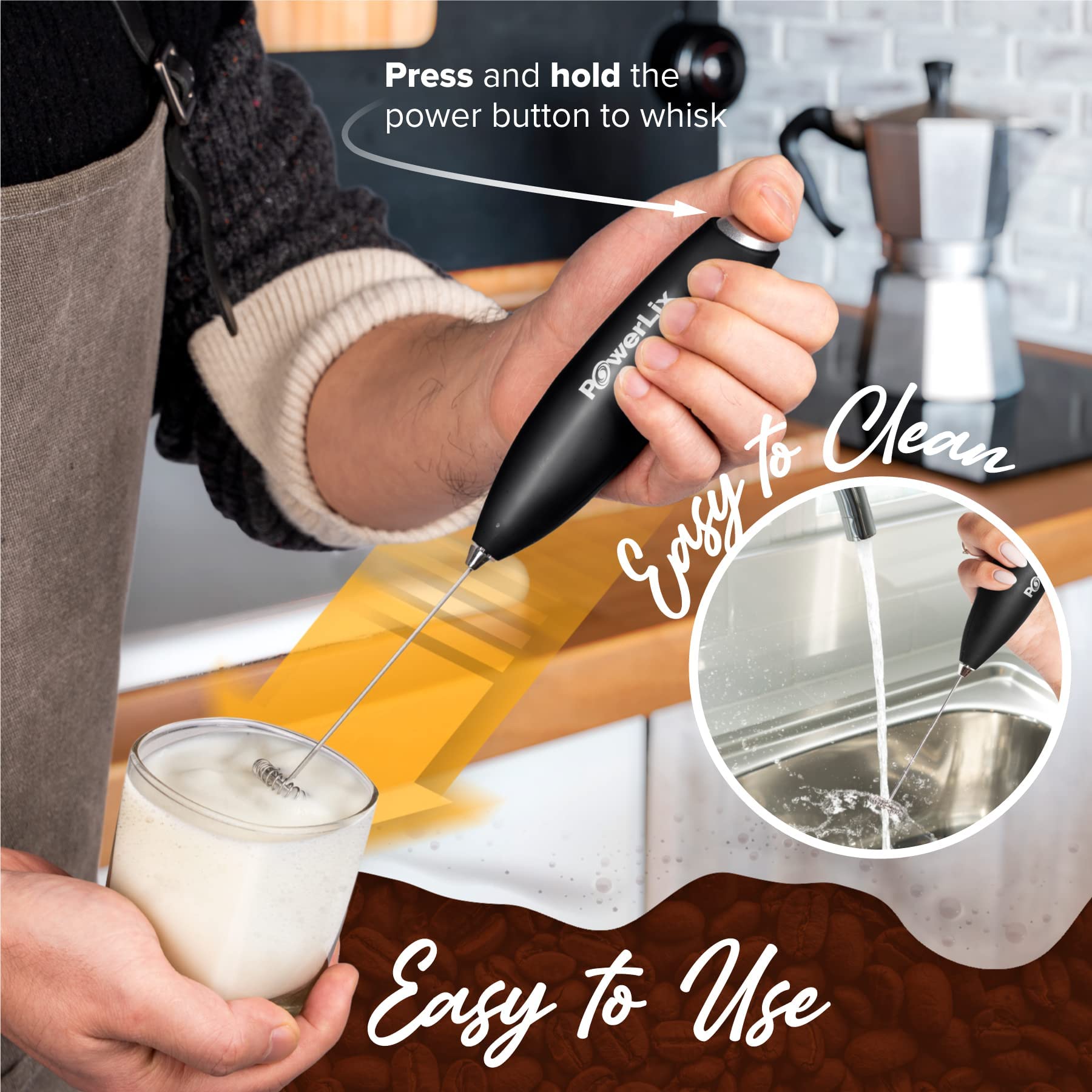 Espumador de Leche PowerLix Negro Potente de Mano con Soporte para Café