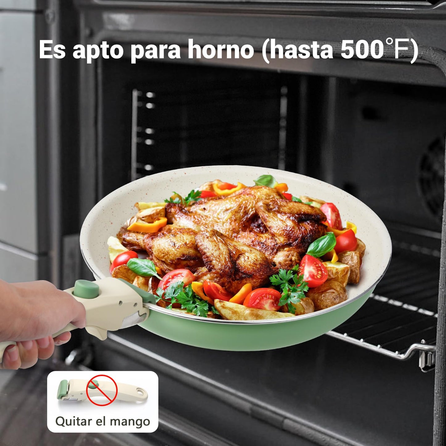 M MELENTA Juego de 8 ollas y sartenes antiadherentes con mango desmontable, bateria de cocina antiadherente de granito de inducción, apto para horno, color verde salvia