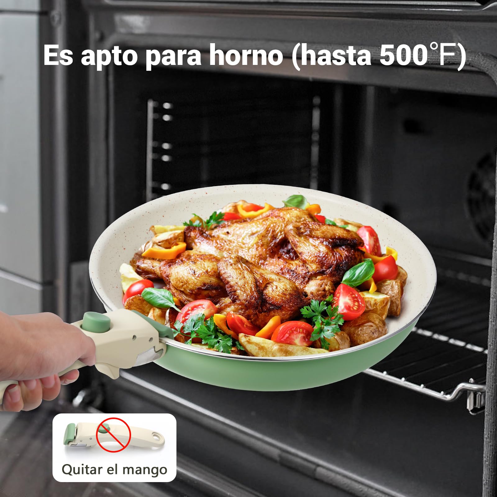 M MELENTA Juego de 8 ollas y sartenes antiadherentes con mango desmontable, bateria de cocina antiadherente de granito de inducción, apto para horno, color verde salvia