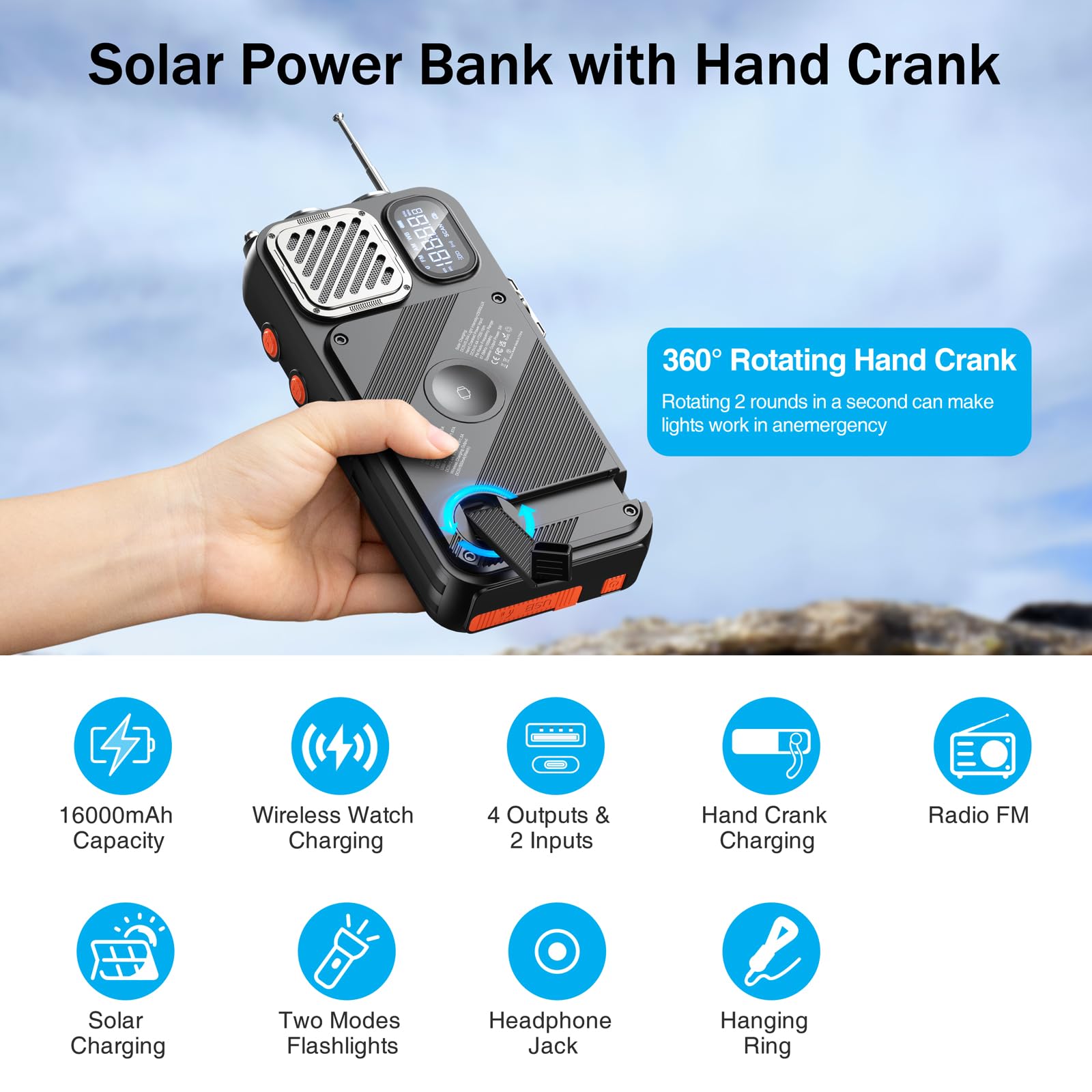 BROWEY - Cargador inalámbrico para banco de energía solar, 16000 mAh, manivela integrada y 3 cables con radio de emergencia y linterna, carga rápida de 20 W para teléfonos celulares, cargador portátil