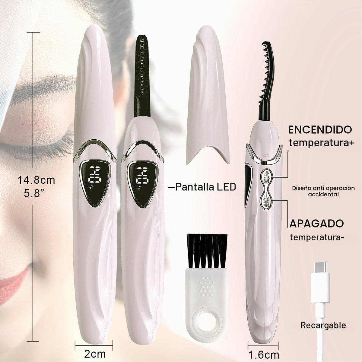 Tehoi - Rizador eléctrico de pestañas con calefacción, pantalla LED de temperatura, rango de control de 60-90 °C, recargable por USB, ideal para el cuidado natural de la belleza para mujeres (Pink+Silver)