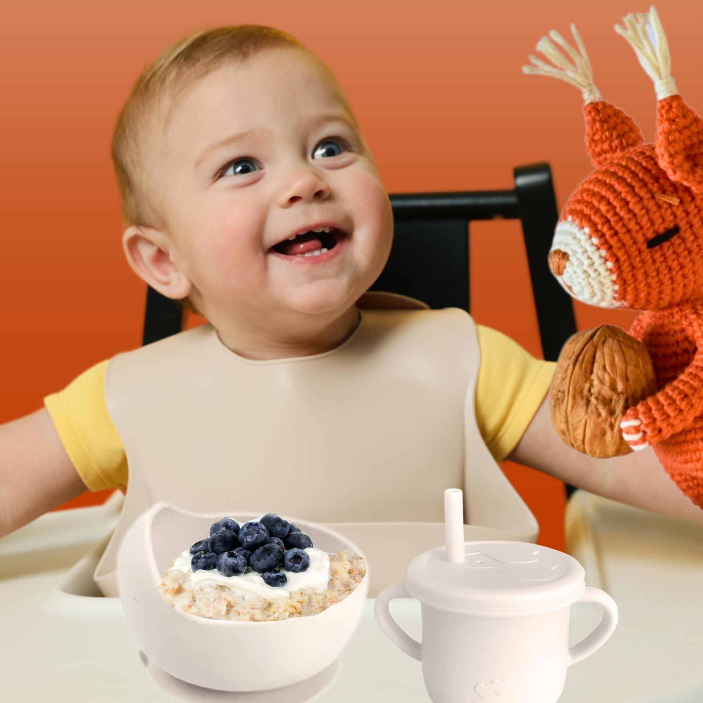 Beige Silicone Feeding Set of 9 – Food Grade Silicone Toddler Self Feeding Dish Set for Feeding Tableware Snack Cover Cups with Straws Forks Spoons Adjustable Bib Easy to Clean Baby Eating Utensils