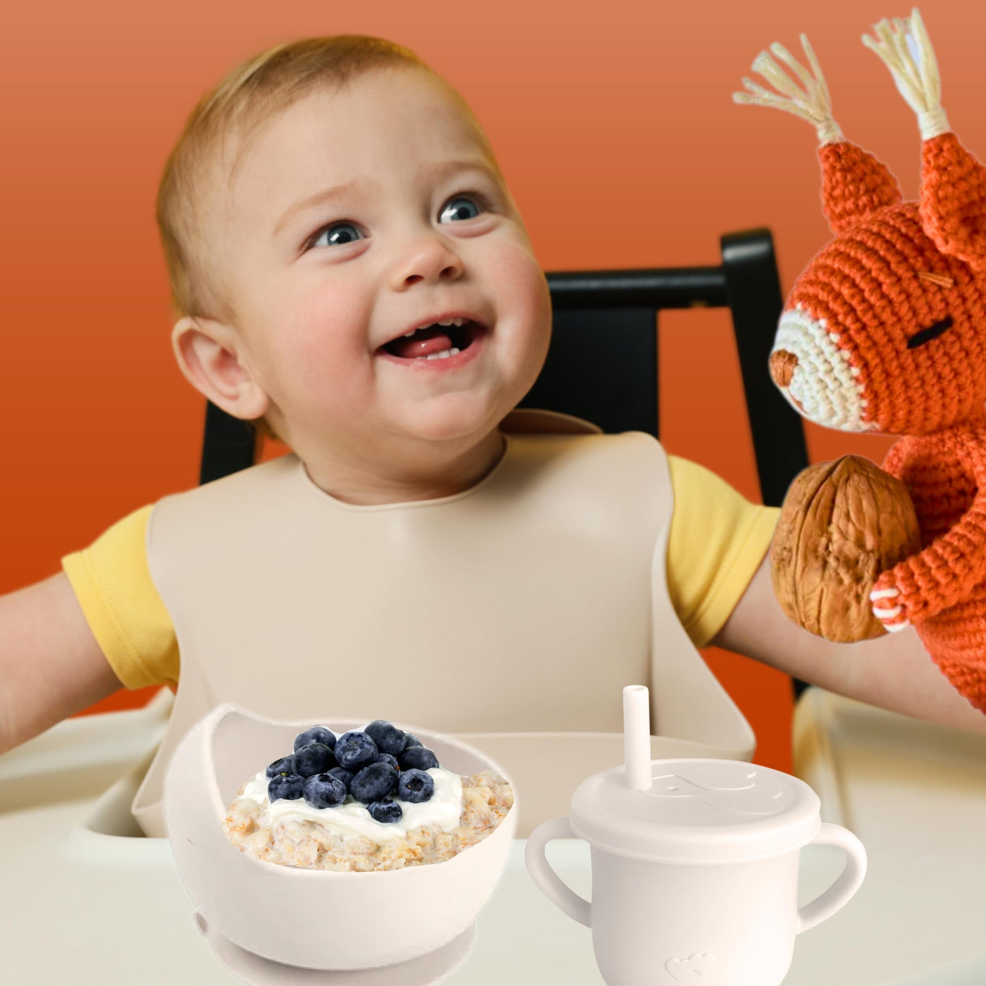 Beige Silicone Feeding Set of 9 – Food Grade Silicone Toddler Self Feeding Dish Set for Feeding Tableware Snack Cover Cups with Straws Forks Spoons Adjustable Bib Easy to Clean Baby Eating Utensils