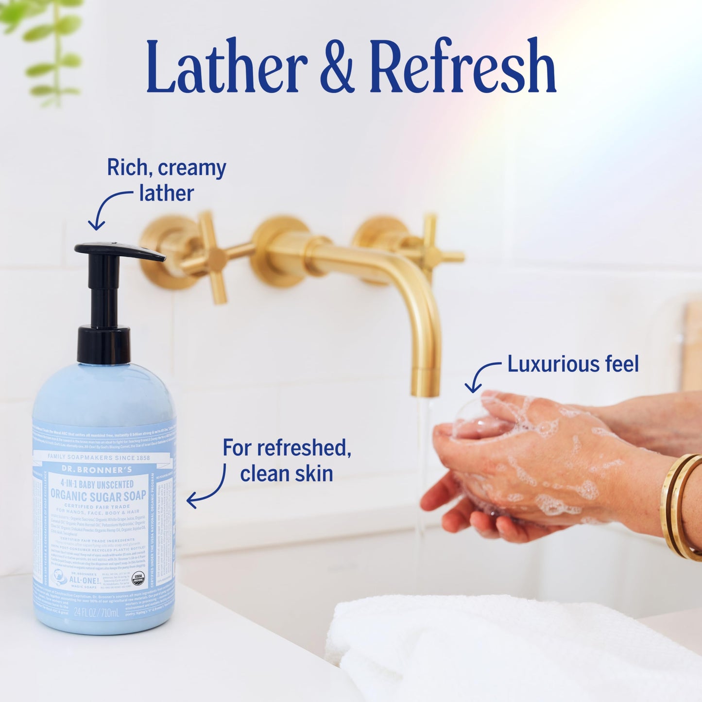 Dr. Bronner's | Jabón líquido de azúcar orgánico, elaborado con aceites vegetales, Shikakai y azúcar, usos 4 en 1: manos, cuerpo, rostro y cabello; limpia, hidrata y nutre - Sin Aroma, 1.9 L