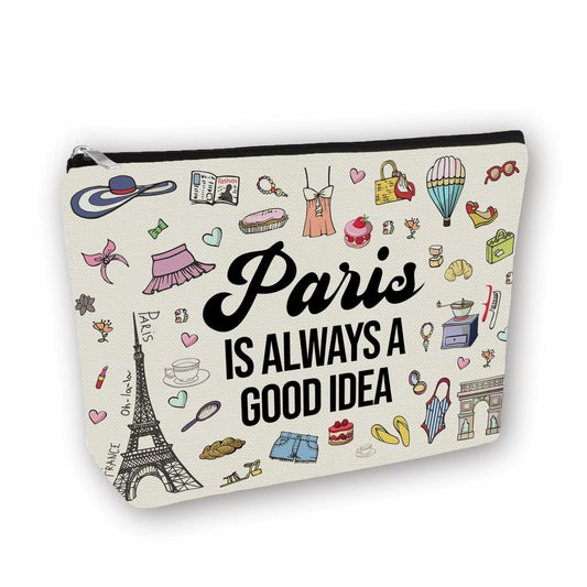 Regalo de viaje inspirado en las niñas: bolsa de maquillaje para adolescentes y mujeres viajeras. Bolsa de cosméticos de regalo ideal para viajes, fiestas, cumpleaños y Navidad, Blanco apagado, París