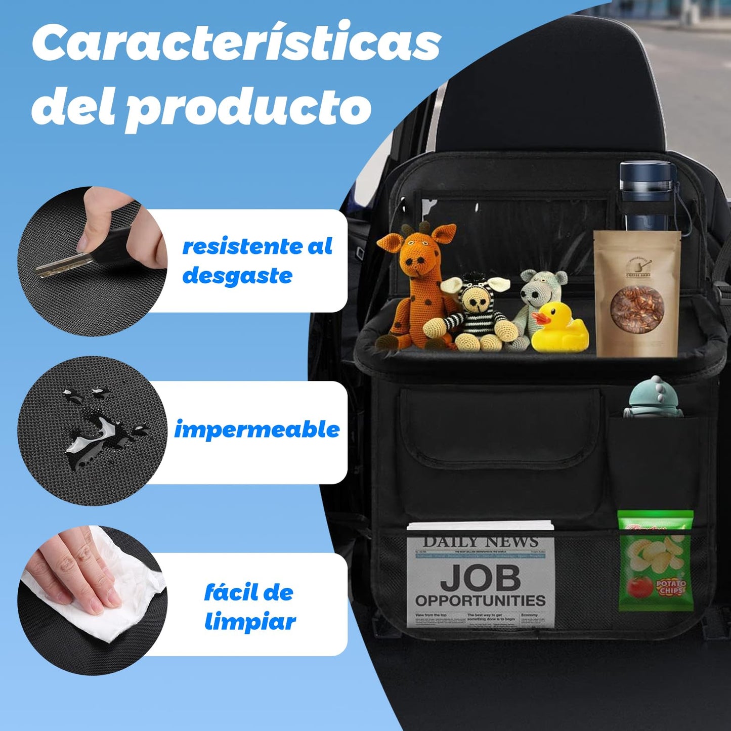 Organizador para Asiento Trasero de Auto con Bandeja, Bolsa de Almacenamiento y Protector de Asiento para Coche, Accesorio Esencial para Niños y Viajes Familiares en Carretera (Negro 1 pieza)