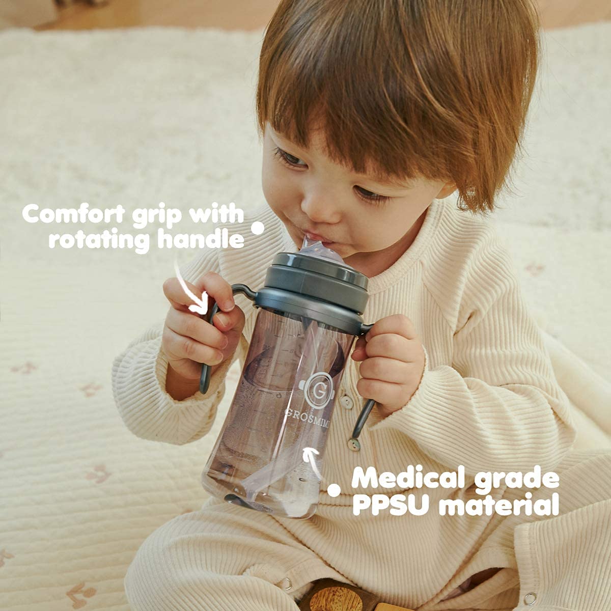 GROSMIMI - Taza mágica sin derrames a prueba de derrames con pajita con asa para bebés y niños pequeños, personalizable, sin BPA, 6 onzas (azul cielo)