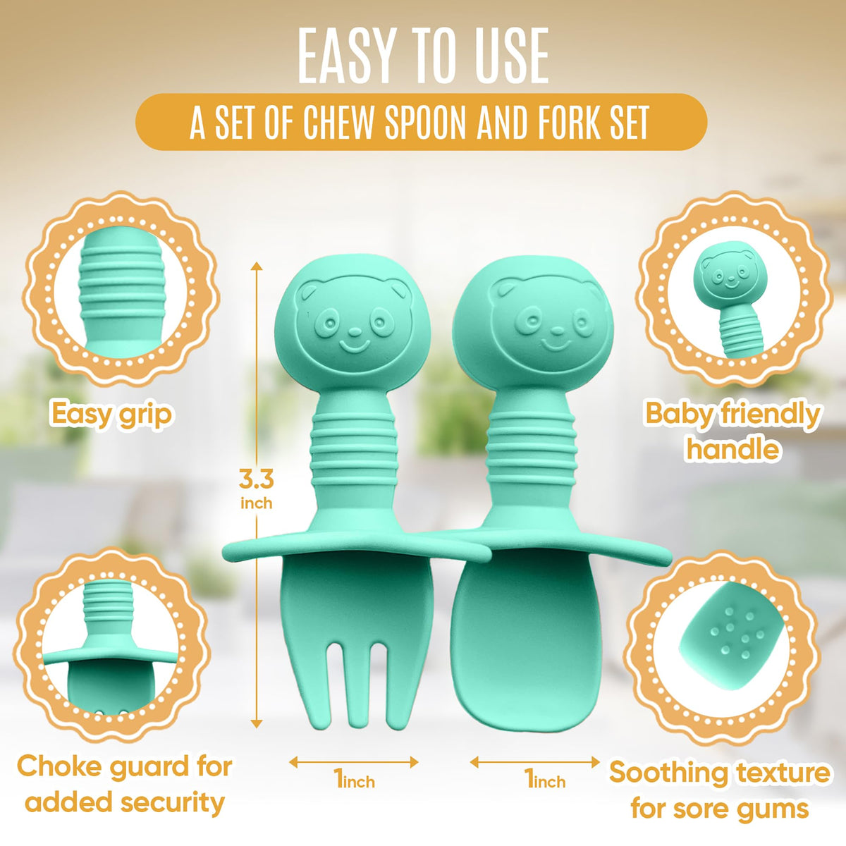 HippoBaby - Cucharas de silicona para bebé, 4 piezas, utensilios autoalimentables para bebé, 6-12 meses, 3 cucharas para bebé, 1 tenedor para bebé, juego de cubiertos para niños pequeños, sin BPA