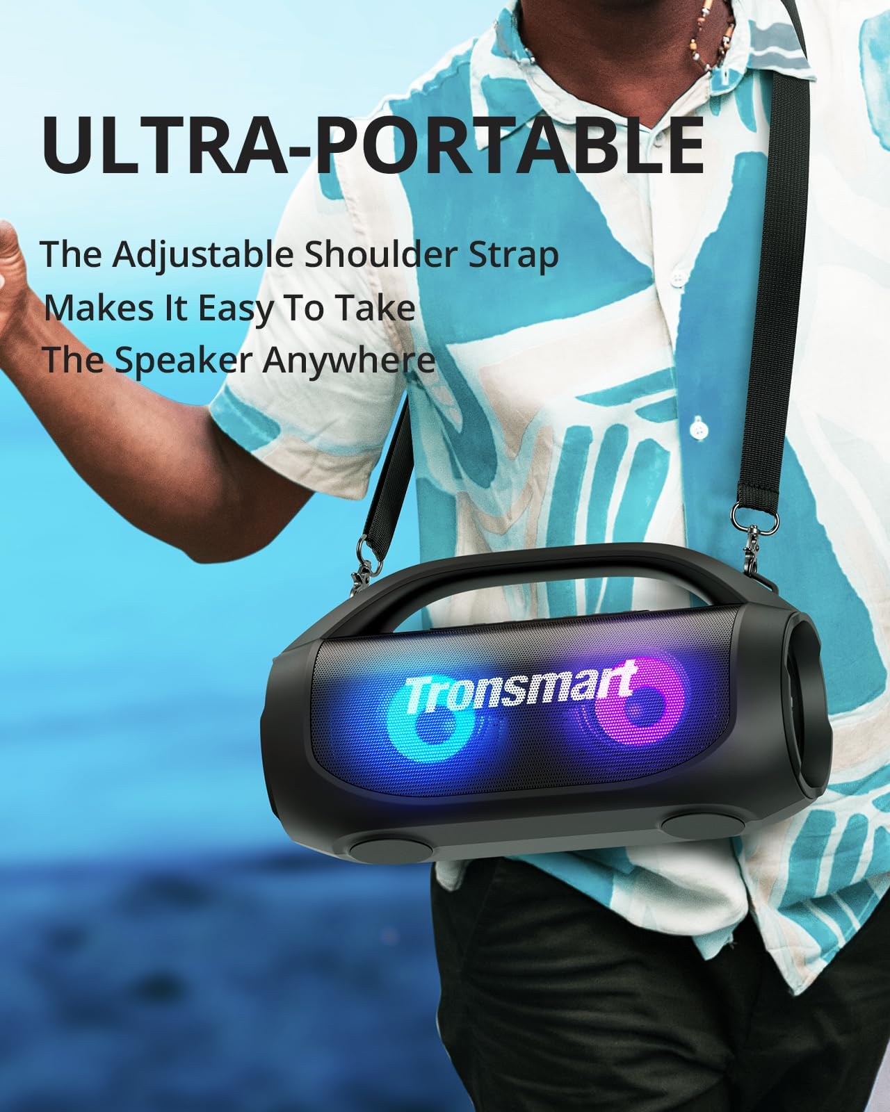 Tronsmart Bang SE Bocina Bluetooth 5.3 40W para Fiestas Luz RGB, IPX6, SoundPulse, Sonido Envolvente Correa para Transportar