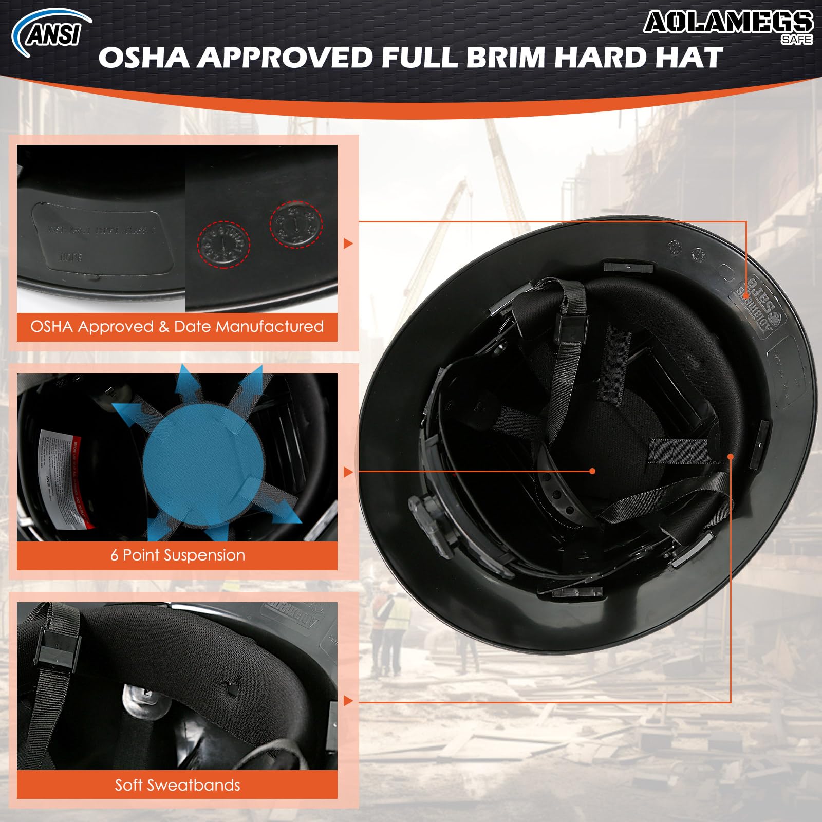 Casco de ala completa de fibra de carbono negro mate con gafas de seguridad y forro para hombres y mujeres, OSHA para construcción, seguridad con correa de barbilla y visera solar, perfil bajo