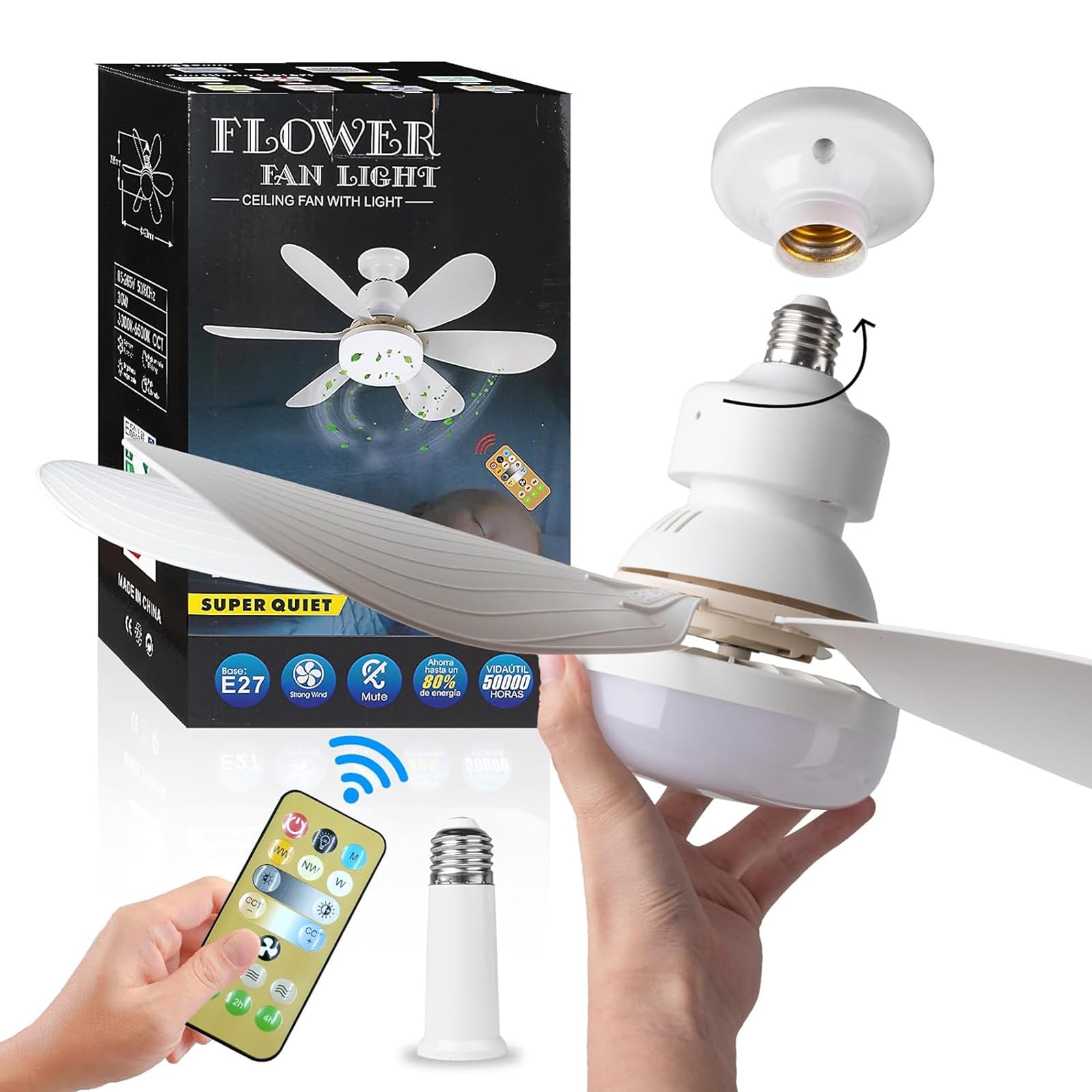 Ventilador de techo con luz y control remoto, 40W E26/E27 ventilador con luz led de techo, ventilux de techo moderno inteligente, 3000K-6500K/luminosidad regulable y 3 velocidades (20,5 pulgadas)