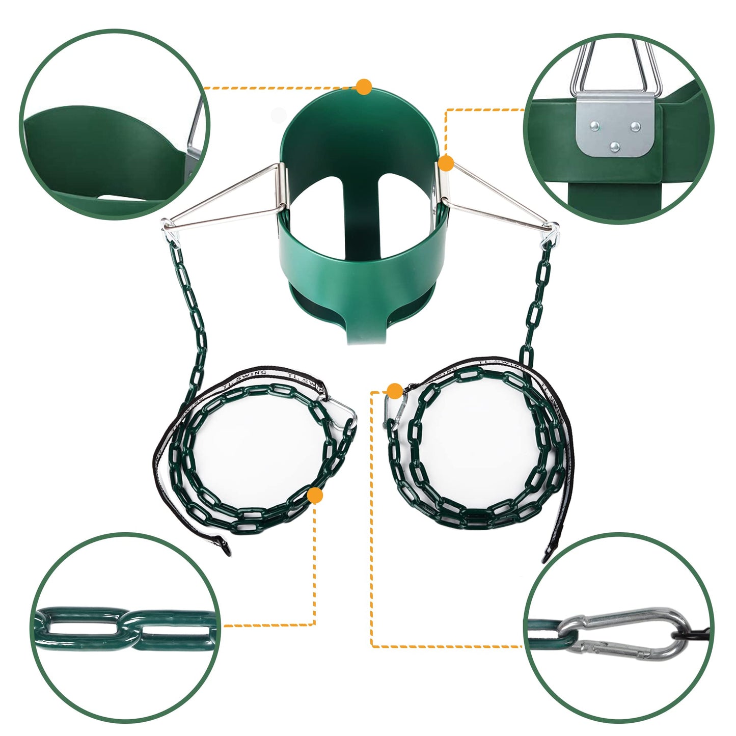 KINSPORY Asiento de Columpio, 150cm Columpio para bebé con Cadenas de Hierro Resistentes recubiertas, Juego de Columpio al Aire Libre con Respaldo Alto y Correas para árboles - Verde