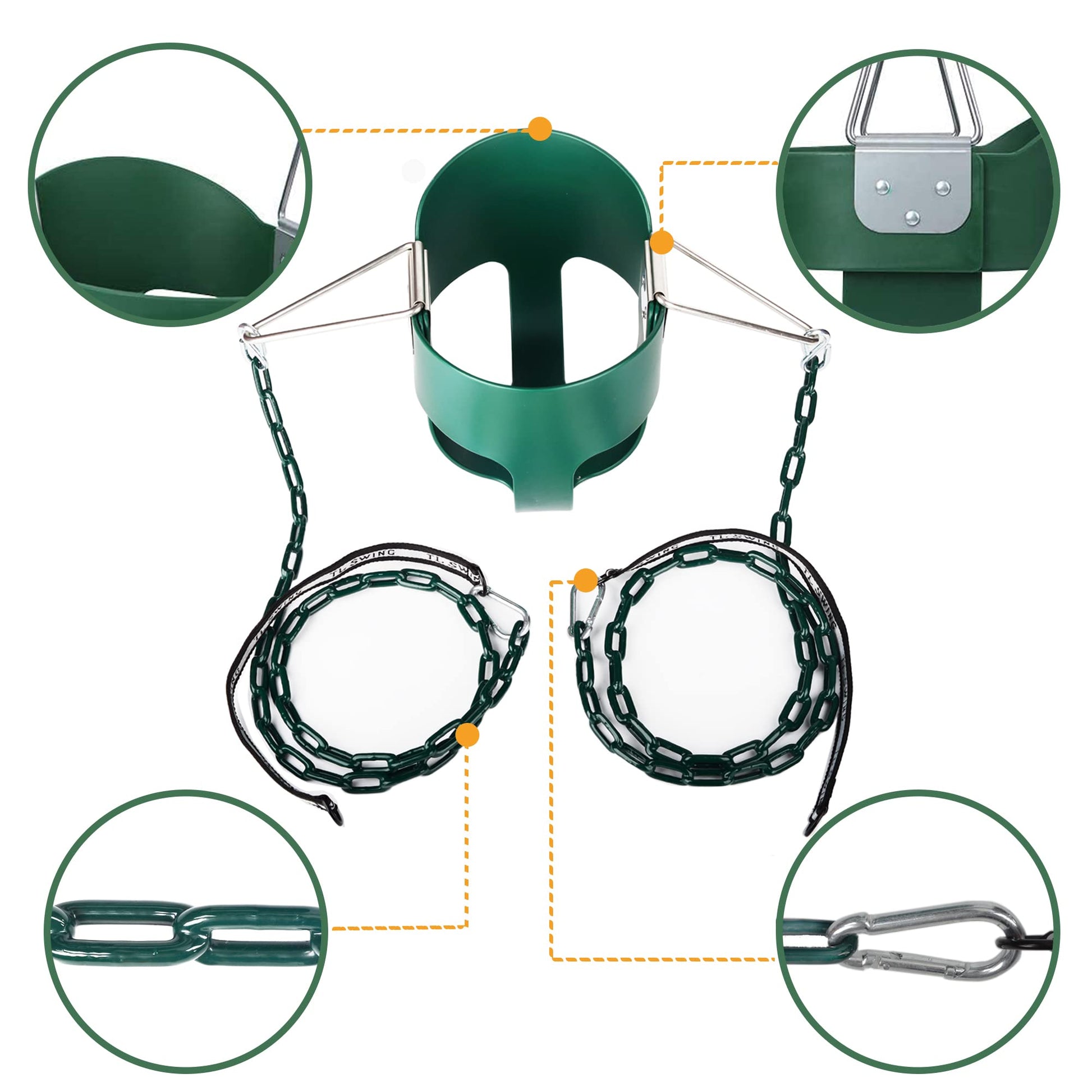 KINSPORY Asiento de Columpio, 150cm Columpio para bebé con Cadenas de Hierro Resistentes recubiertas, Juego de Columpio al Aire Libre con Respaldo Alto y Correas para árboles - Verde