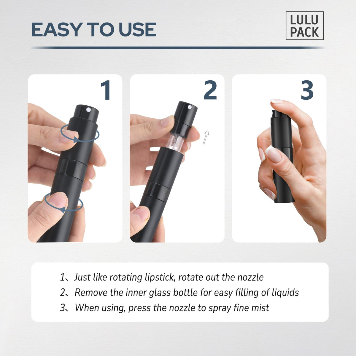 Lulupack - Atomizador de perfume de 10 ml (3 unidades), botella de aerosol de colonia, pulverizador portátil recargable de viaje (negro, plateado, gris)